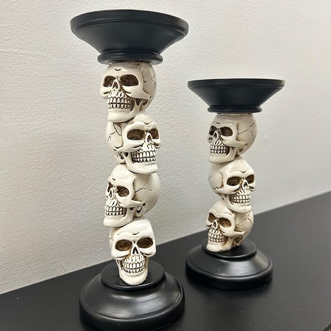 Vintage Resin Skull Skeleton Candle Holders - Set of 2 for Halloween Decor