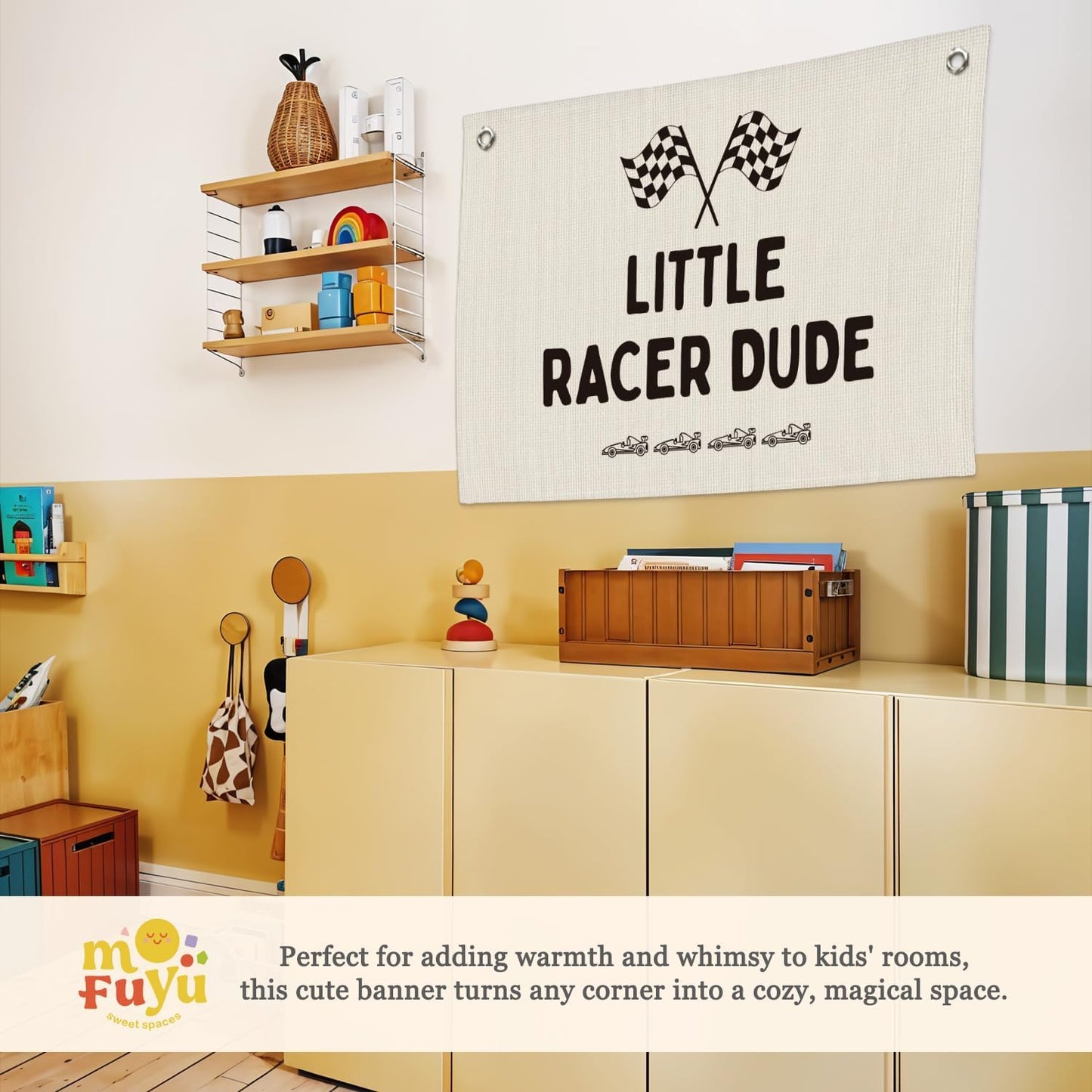 Little Racer Dude Canvas Banner – Race Car Room Decor for Boys, Toddler Boy Wall Hanging for Bedroom or Playroom, 30x20 Inch