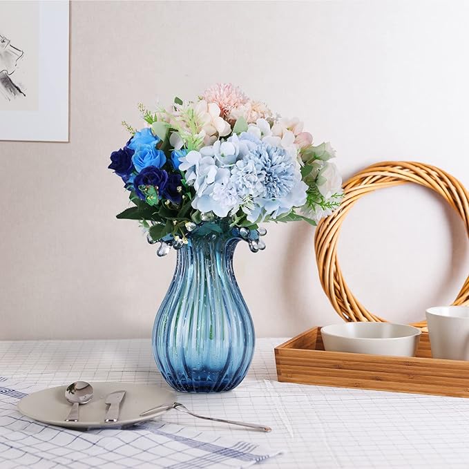 Hand-Blown Glass vase, Unique Blue Glass vase, Modern Art Decor, Suitable for Living Room Coffee Tables, Wedding centerpieces, Dining Tables, and Office Centerpiece Floral Arrangements