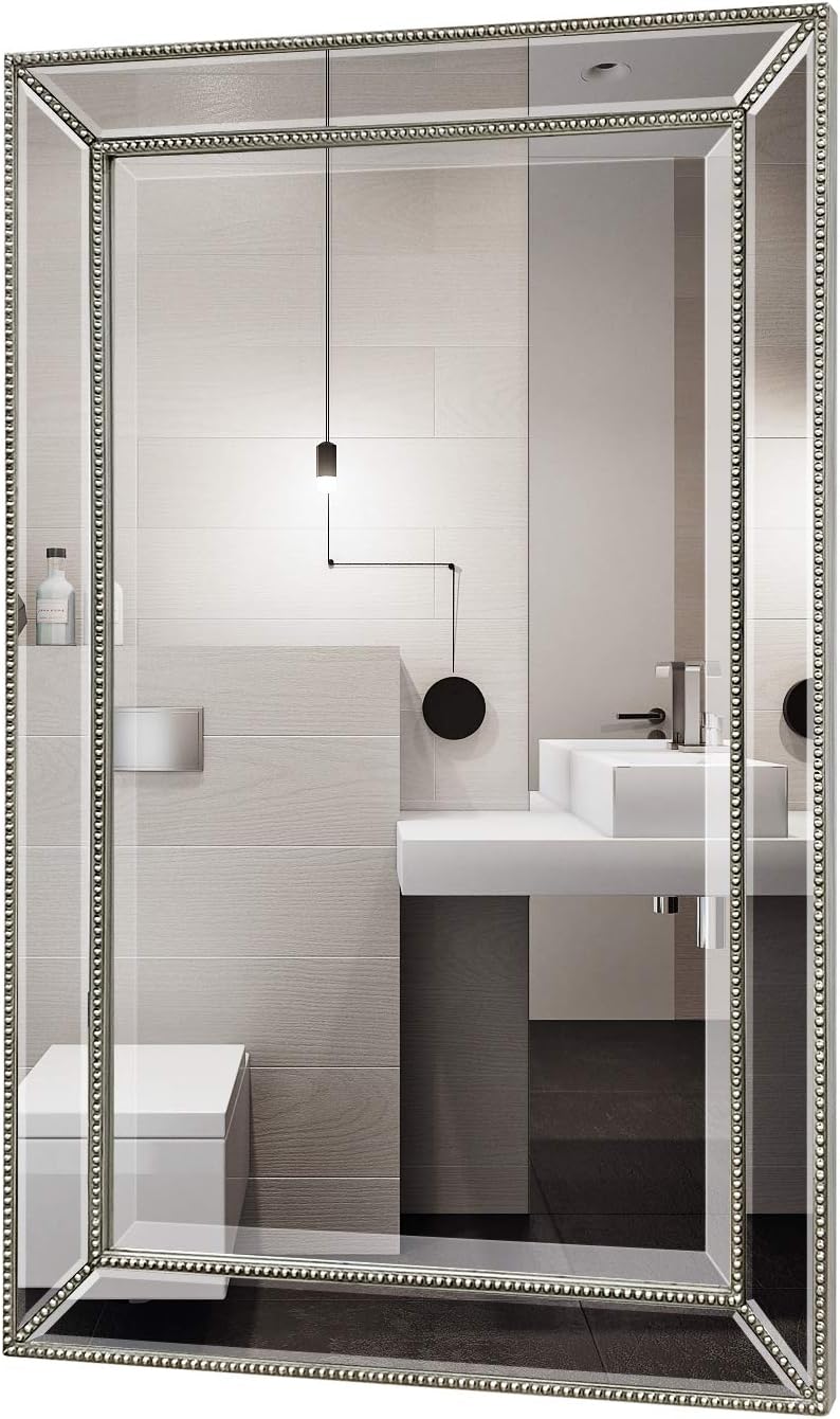 Metro Beaded Mirror Wooden Frame Bathroom Mirror 24"x36" Large Framed Deco Wall Mirror with Angled Beveled Mirror Frame for Living Room Entryways, Washrooms