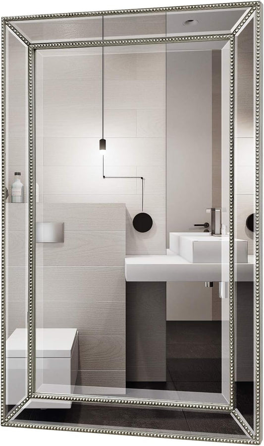 Metro Beaded Mirror Wooden Frame Bathroom Mirror 24"x36" Large Framed Deco Wall Mirror with Angled Beveled Mirror Frame for Living Room Entryways, Washrooms