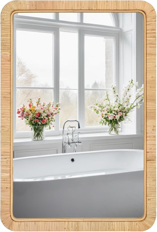 FUIN 24"x36" Rattan Wall Mirror, Natural Wicker Rectangle Bathroom Vanity Mirror, Hanging Boho Decorative Mirror for Farmhouse, Entryway, Bedroom, Living Room, Horizontal Vertical Mount