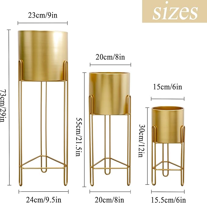 TRIROCKS Set of 3 Large Planters with Stand Gold Planter for Indoor Plants 29 &22 &12" Tall Morden Metal Plant Pots for Living Room Corner Kitchen Office Garden Balcony Patio Decor