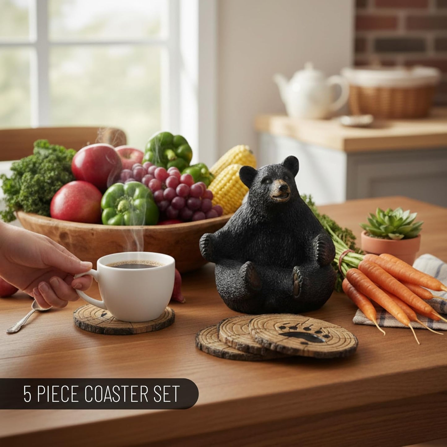 Black Bear Drink Coaster Set of 5 with Rubber Pad Base - Cool Rustic Home Table Beer and Beverage Coaster with Holder