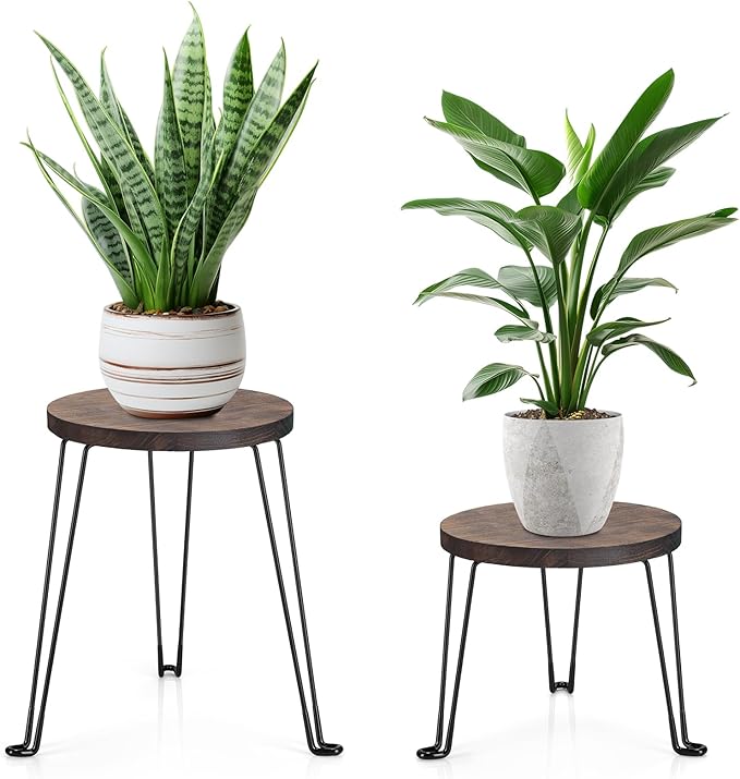 Yangbaga 2Pack Wooden Plant Stands Indoor,11.81IN Round Plant Stands with Metal Legs,Mid Century Plant Holder for Home Decor,Multi-purpose Plant Table for Living Room/Patio/Garden/Balcony/Office