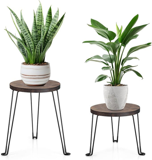 Yangbaga 2Pack Wooden Plant Stands Indoor,11.81IN Round Plant Stands with Metal Legs,Mid Century Plant Holder for Home Decor,Multi-purpose Plant Table for Living Room/Patio/Garden/Balcony/Office