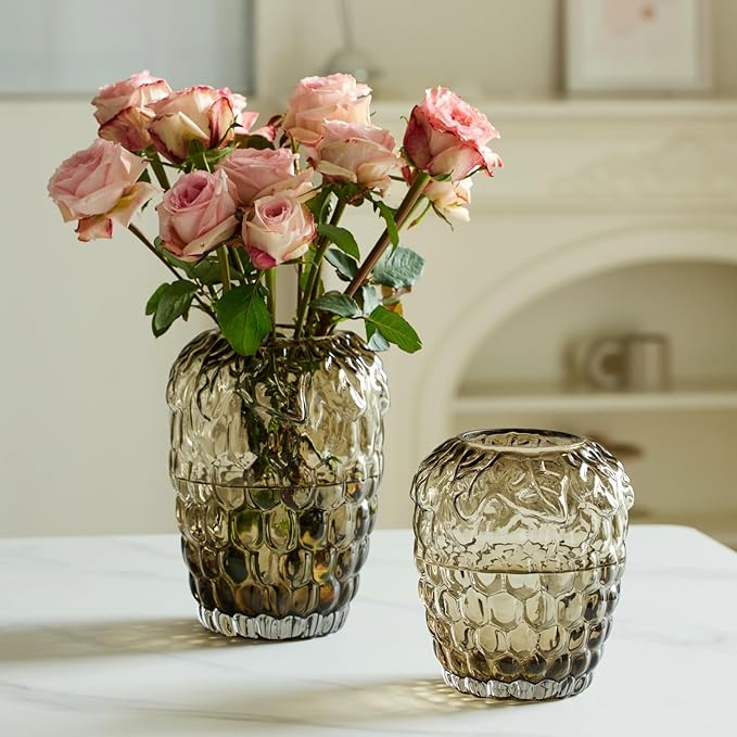Grape Bubble Glass Vase for Flowers, Round Vintage and Clear Black Colored Smoke Glass Vases for Modern Home Decor (Crystal Grey 6" W X 6.7" H)