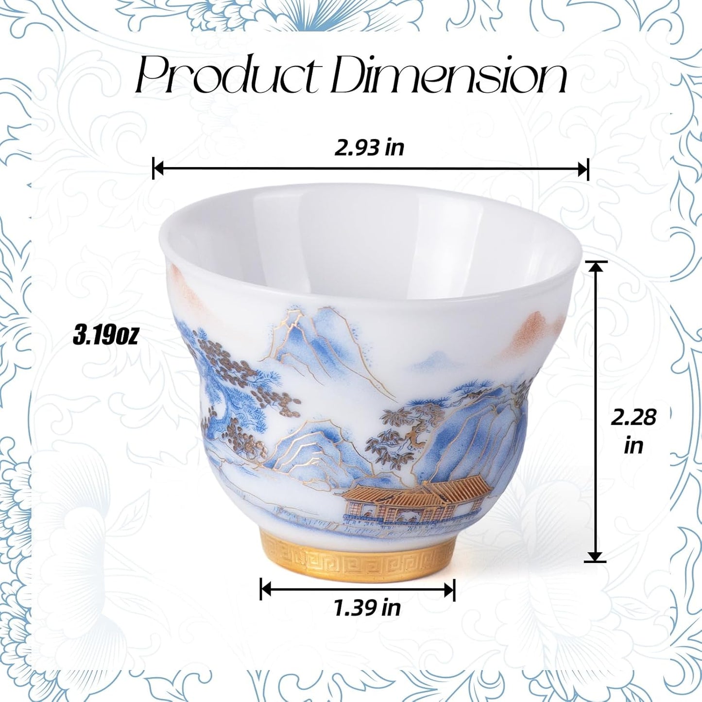 KAMMAK Ceramic Tea Cups Small, Cute Vintage Coffee Cup Set of 2, Porcelain Teacups Espresso Mug, 3.2oz Hand Painted Chinese Afternoon Tea Party Mugs, Birthday Gift for Women Men, Ice Fortune