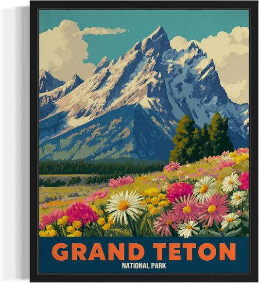 Grand Teton National Park Art Print Poster, Vintage Retro Pop Art Travel Wall Art Bedroom Bathroom Living Room Decor 185 (Grand Teton, 24 x 36 inches, Black Frame)