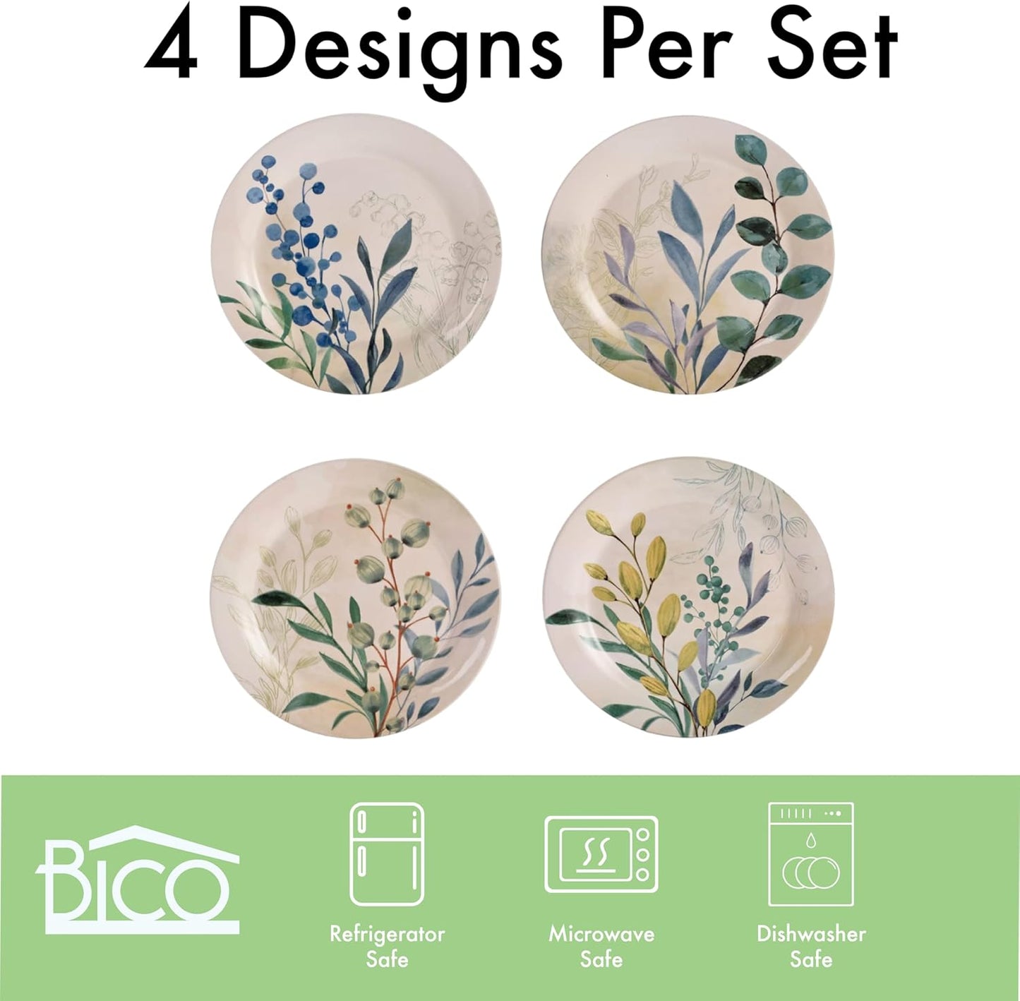 Bico Botanical Valley Salad Plates Set of 4, 8.75 Inch Ceramic Dessert Plates for Salad, Appetizer, Side Dishes, Microwave and Dishwasher Safe, Gift for Housewarming and Thanksgiving
