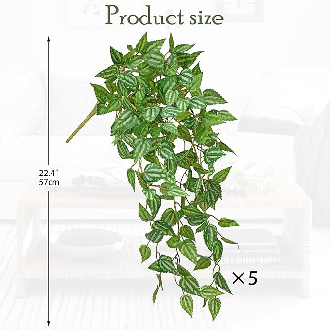 DILATATA Fake Hanging Plants Artificial Hanging Plants 22" Faux Peperomia Hanging Leaves Plants for Wall Shelf Home Indoor Outdoor Decor - 5 Pack