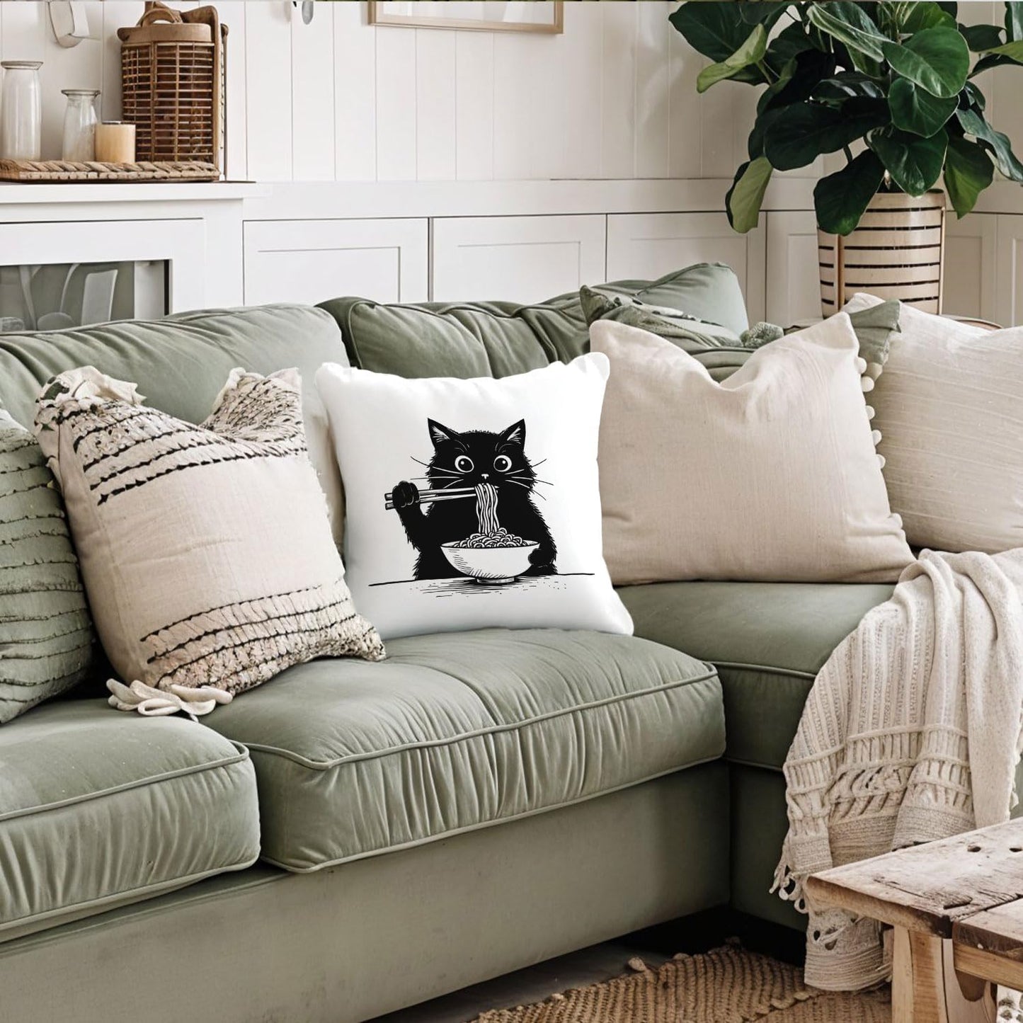 Funny Black Cat Pillow Covers 18x18, Cat Room Decor, Cute Black Kitten Eating Japanese Noodles Decorative Throw Pillow Covers Pillowcases for Bedroom Living Room Home Decor