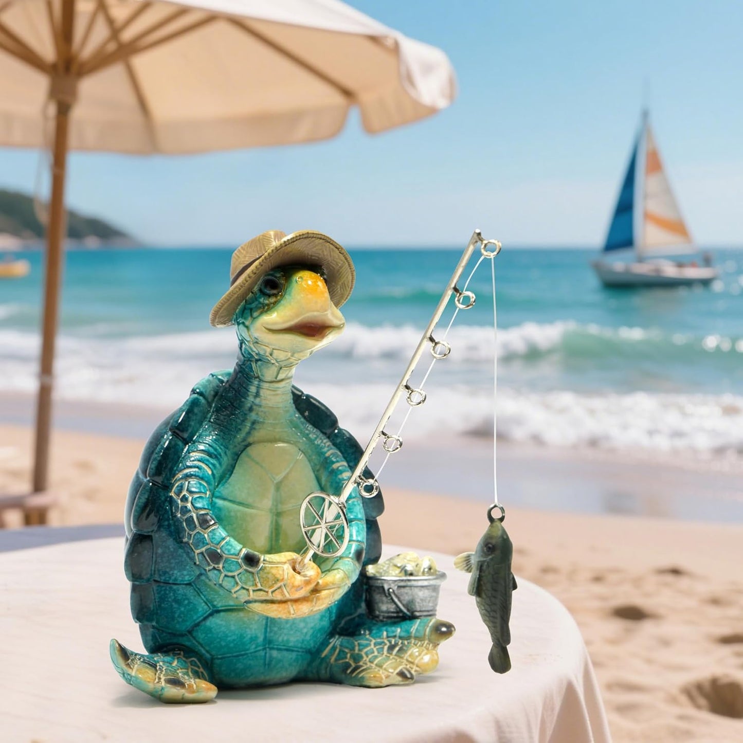 Hodao Sea Turtle Fishing Figurines Decoration Summer Turtle Crafts for Home Office Desk Decor Statue for Tabletop Shelf Decoration Ornament Gifts Decor for Beach Place (Blue)