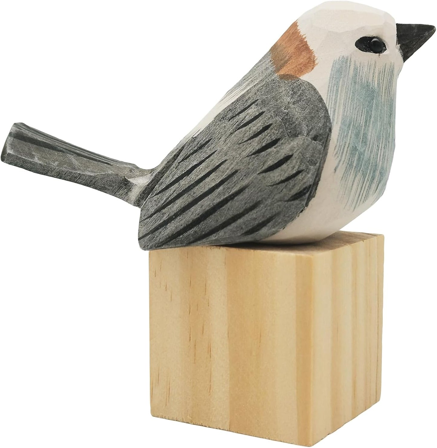 DIYOMR Hand Carved Wooden Bird Sculpture, Art Animal Statue with Wood Block, Vivid Long-tailed Tit for Gift & Home Decor