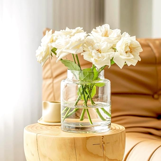 BLOFLO Clear Glass Vase, 7 Inch Large Glass Vase for Flowers, Modern Thick Glass Flower Vases for Centerpieces, Decorative Glass Cylinder Hydroponic Vase for Wedding, Home, Office (Clear, 7Inch)
