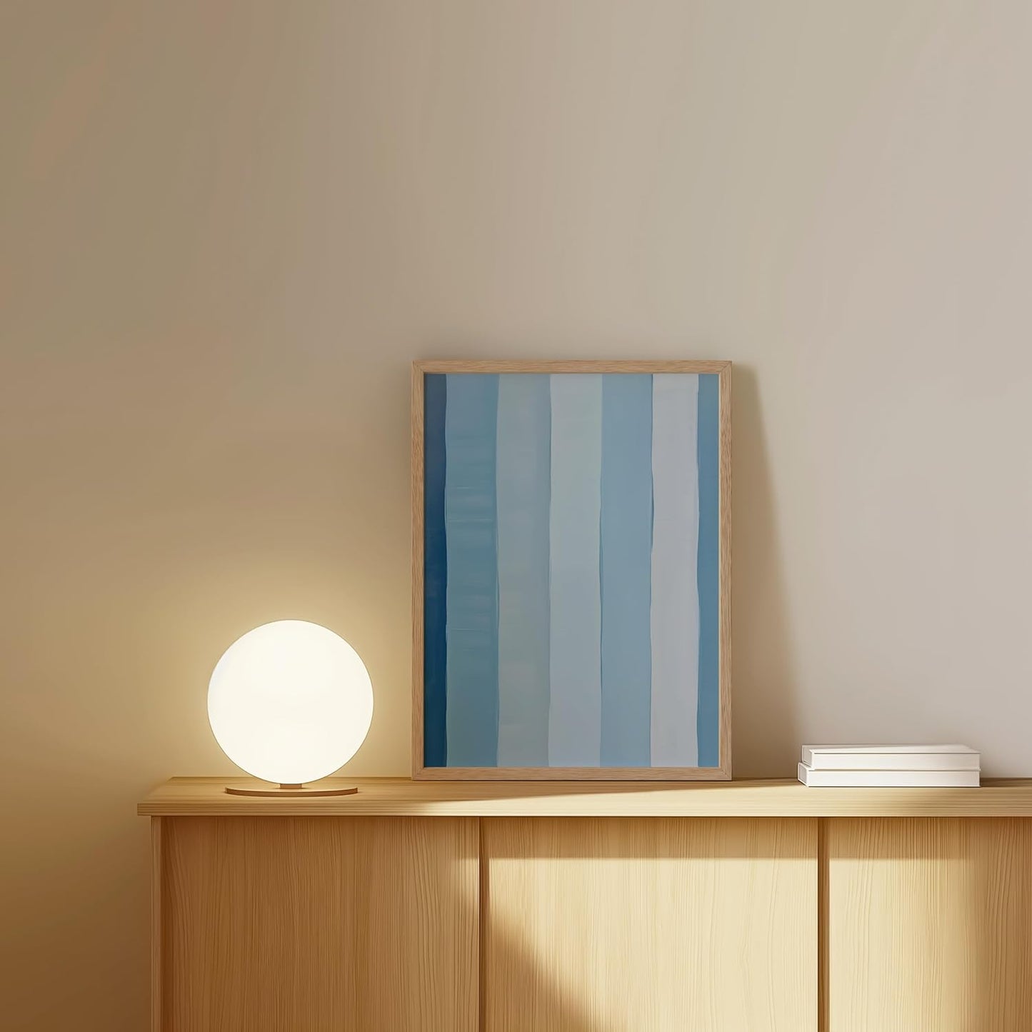 HAUS AND HUES Modern Abstract Wall Art - Blue and Green Living Room Art, Modern Artwork for Walls, Minimalist Picture for Living Room(Painted Stripes, Beige Frame, 12x16)