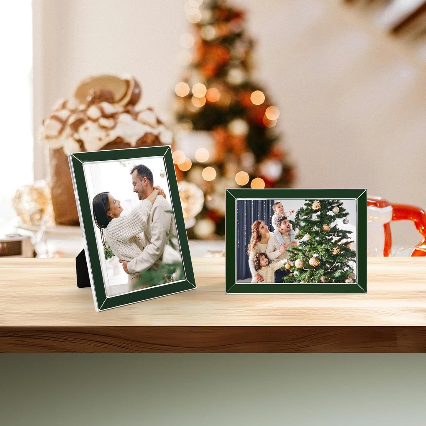 Frametory Enamel Picture Frame - 5x7 Silver Metal Edge Green Enamel Picture Frame With Easel and Velvet Back for Tabletop Display, Bookshelf, 5x7 Wall Decoration, Photo Frames, Picture Display-2 Set