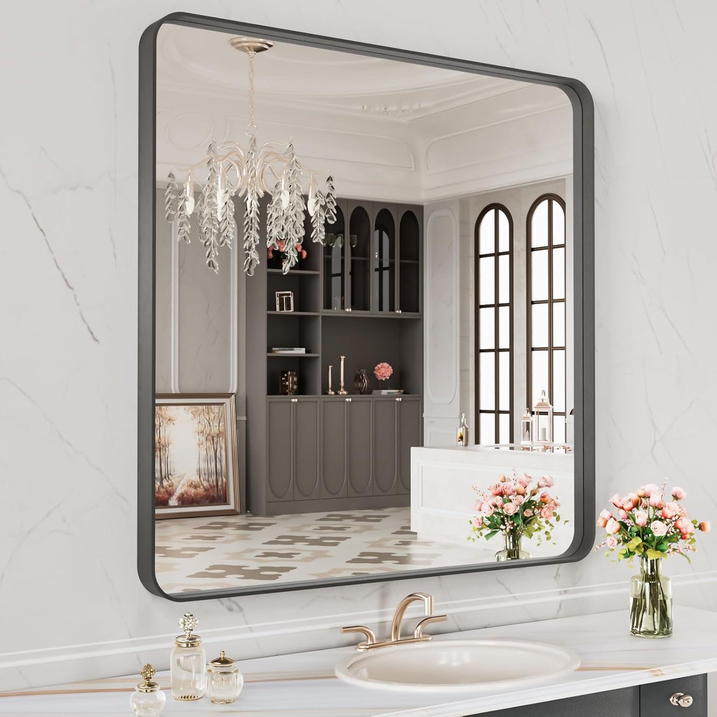 LOAAO 32X32 Inch Black Metal Framed Bathroom Mirror for Wall, Matte Black Bathroom Vanity Mirror Farmhouse, Anti-Rust, Hangs Horizontally or Vertically