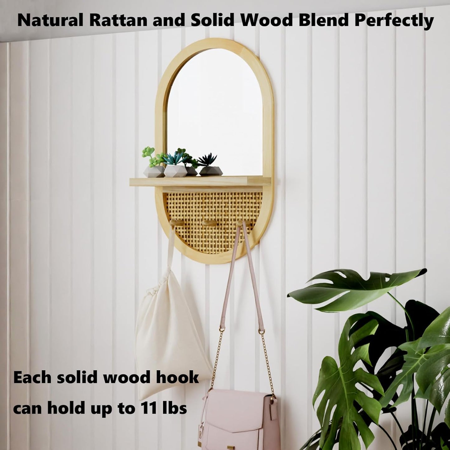 Entryway Mirror with Hooks, 22x14 Inch Boho Wall Mirror with Removable Shelf, Oval Solid Wood Framed, Handmade Rattan Wall Mirror for Over Sink, Bathroom, Bedroom, Living Room, Hallway, Vanity