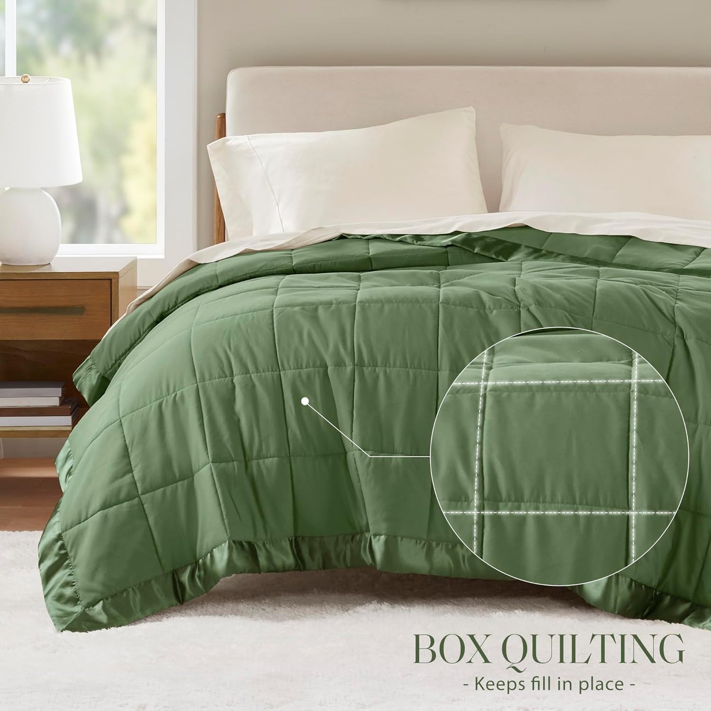 Madison Park Queen Blanket Quilted Microfiber, Satin Binding, 3M Scotchgard Moisture Wicking, Soft and Lightweight Summer Blanket for Couch, Windom, Full/Queen, Green