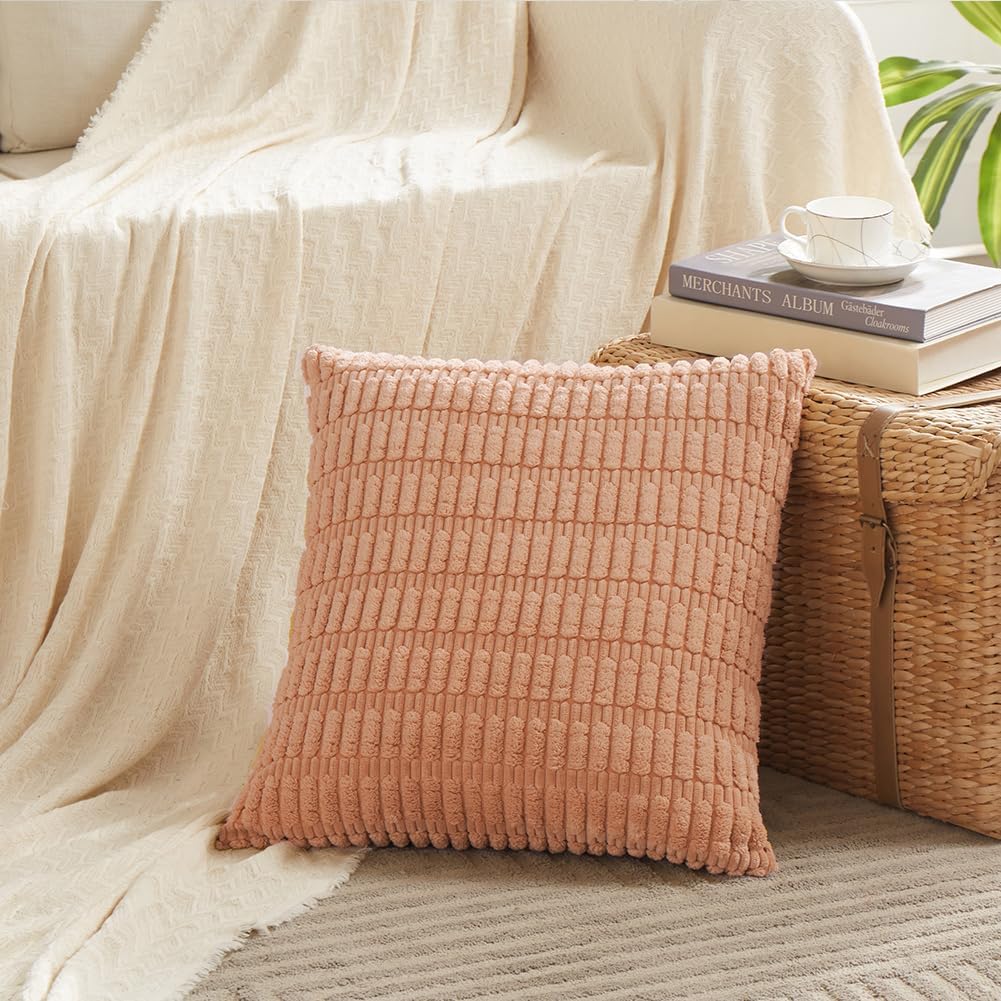 Fancy Homi 4 Packs Peach Decorative Throw Pillow Covers 18x18 Inch for Living Room Couch Bed, Rustic Modern Farmhouse Boho Home Decor, Soft Plush Corduroy Cute Accent Square Cushion Case 45x45 cm