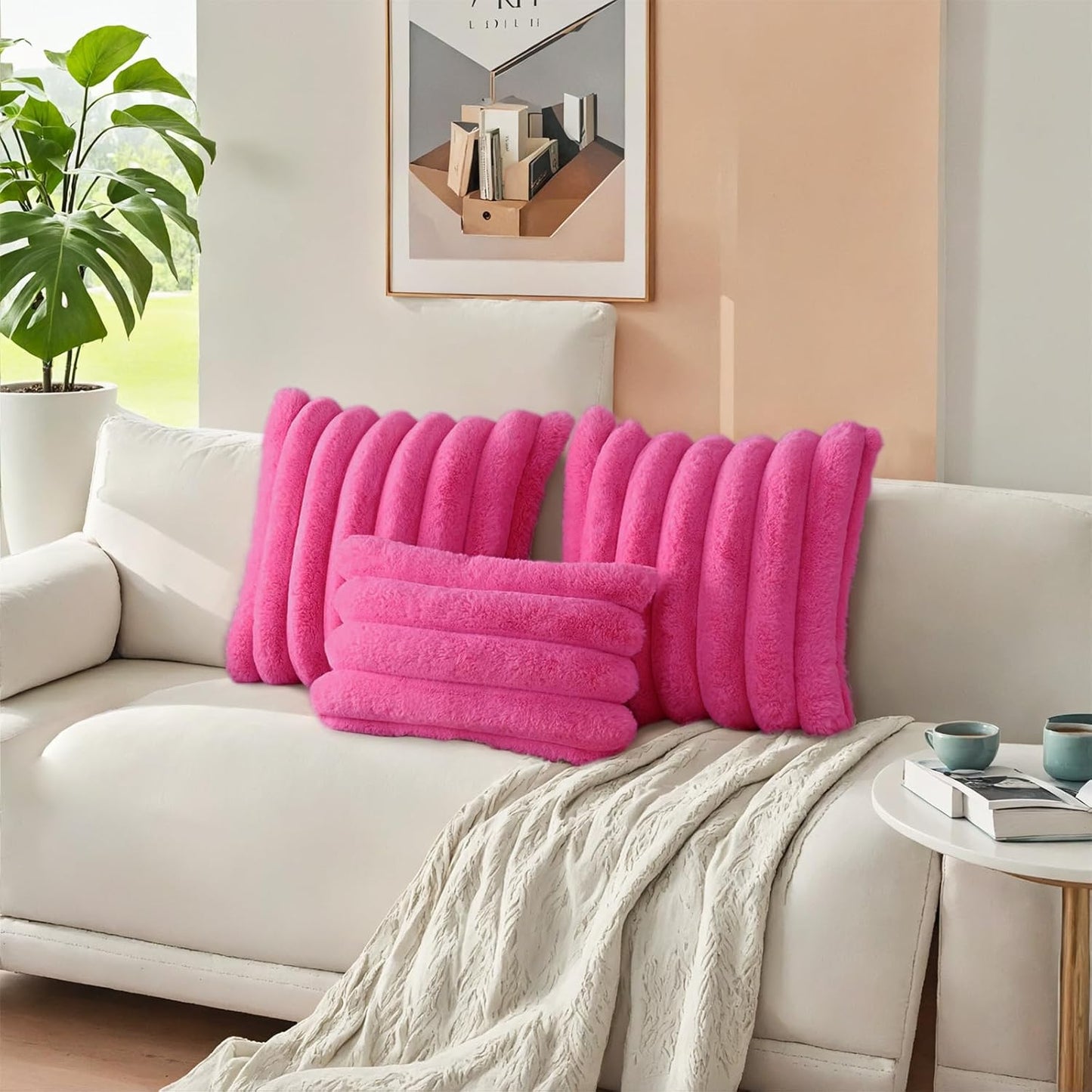 HAUSSY Faux Fur Throw Pillow Covers 20x20 Inch Set of 2,Decorative Striped Neutral Pillow Cases Soft Plush Couch Pillow Covers,Home Decor for Sofa,Bed, Living Room,Hot Pink