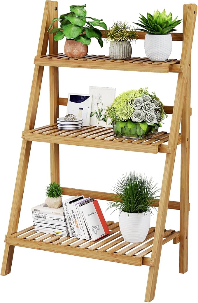 Foldable Plant Shelf Ladder Shelf, 3 Tier Bamboo Ladder Flower Pot Display Shelf, Freestanding Ladder Bookshelf Rack for Garden, Balcony, Yard, Living Room, 23.6" W x 15" D x 39.4" H, Natural