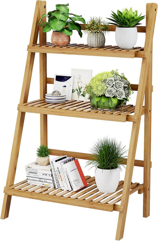 Foldable Plant Shelf Ladder Shelf, 3 Tier Bamboo Ladder Flower Pot Display Shelf, Freestanding Ladder Bookshelf Rack for Garden, Balcony, Yard, Living Room, 23.6" W x 15" D x 39.4" H, Natural