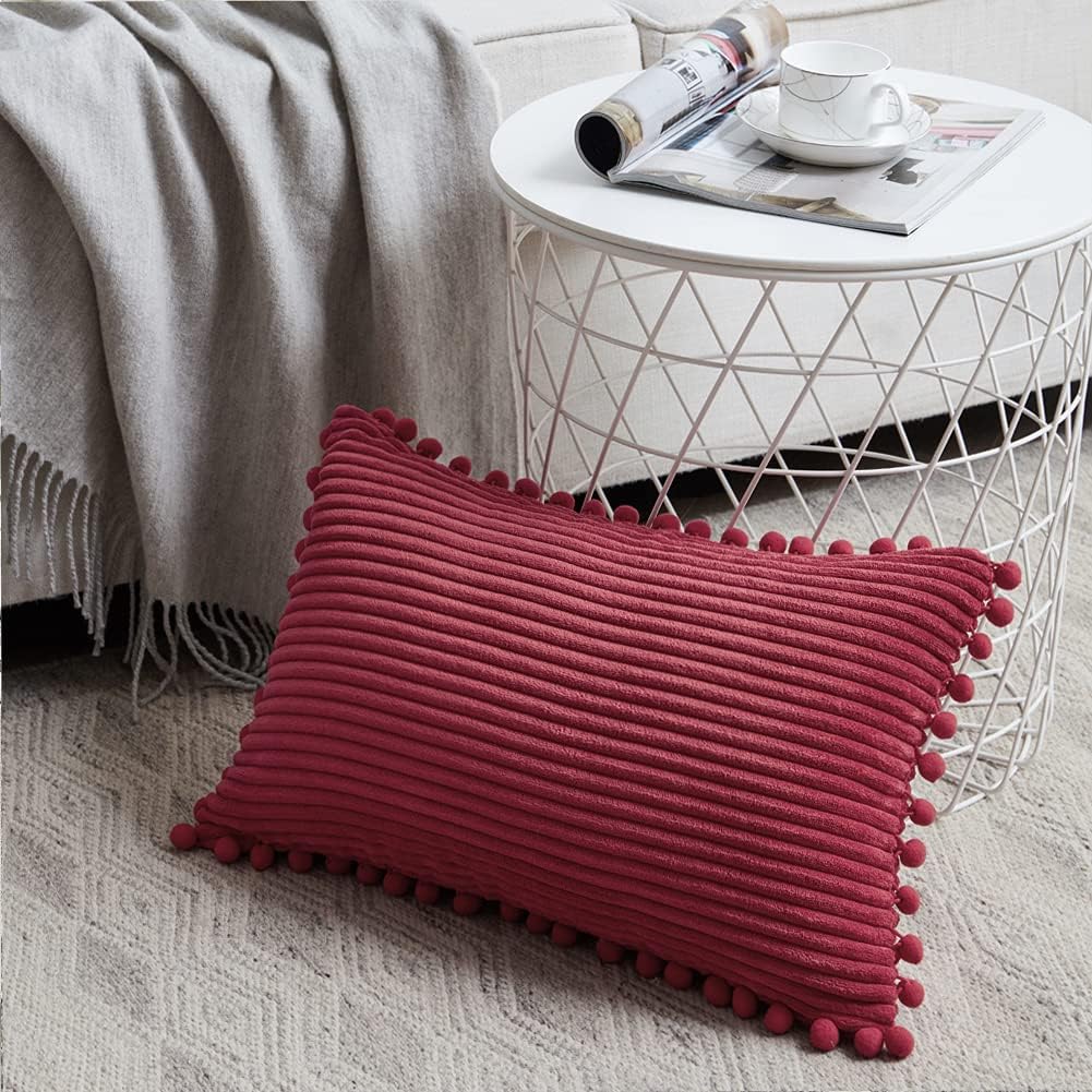 Fancy Homi 2 Packs Burgundy Lumar Decorative Throw Pillow Covers 12x24 Inch with Pom poms, Christmas Home Decor, Soft Corduroy Accent Rectangle Cushion Case for Living Room Couch Bed Sofa