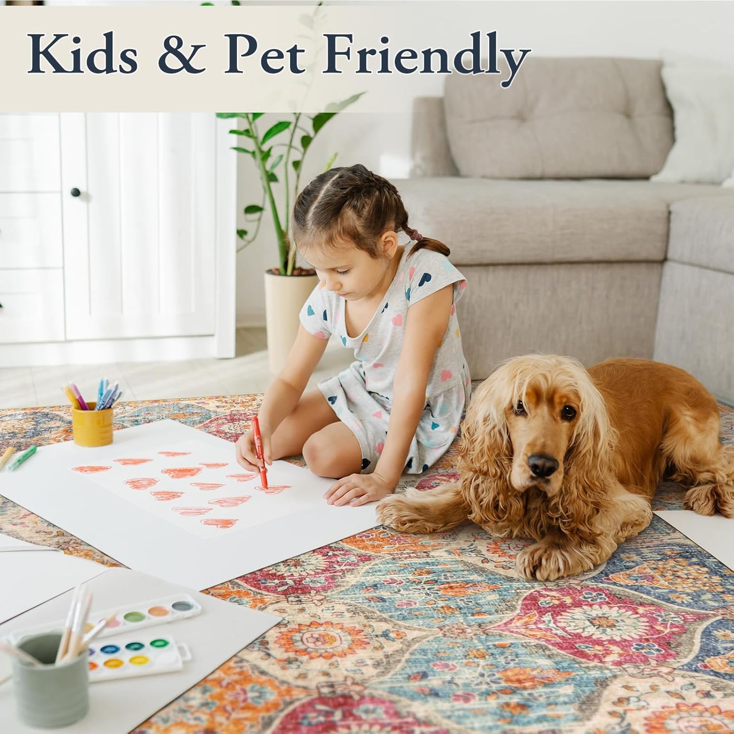 Lahome Moroccan Machine Washable Rugs for Living Room, 4x6 Rug for Bedroom Non-Slip Vintage Trellis Ultra-Thin Throw Carpet for Dining Room Office Nursery, Cream/Multi