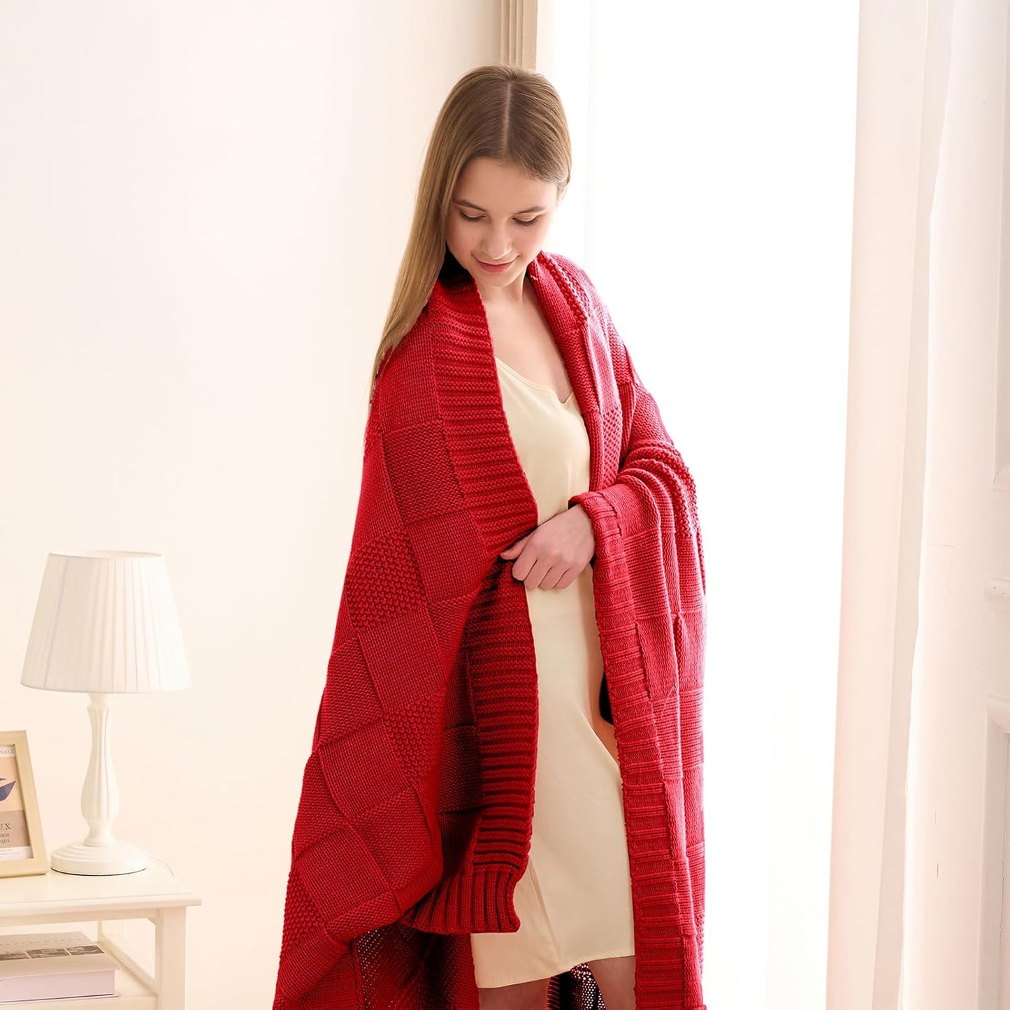 CozeCube Check Knit Throw Blanket, Christmas Red Checkered Bedroom Blanket for Couch, Soft Cozy Warm Knitted Blanket for Bed Sofa Living Room, Decorative Spring Fall Throw Blanket, 60"X80"