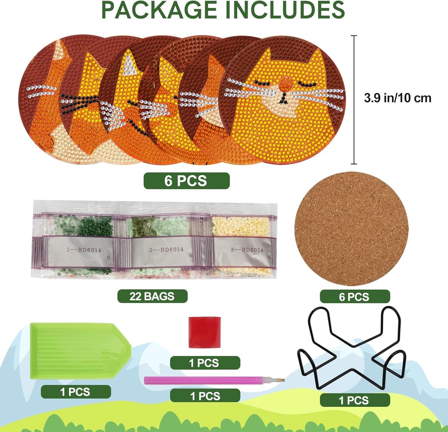 EWJRNSF 6 PCS Diamond Painting Coaster Set - Small Diamond Painting Coasters Kit for Beginners and Adults - Art Craft Supplies Item Cat