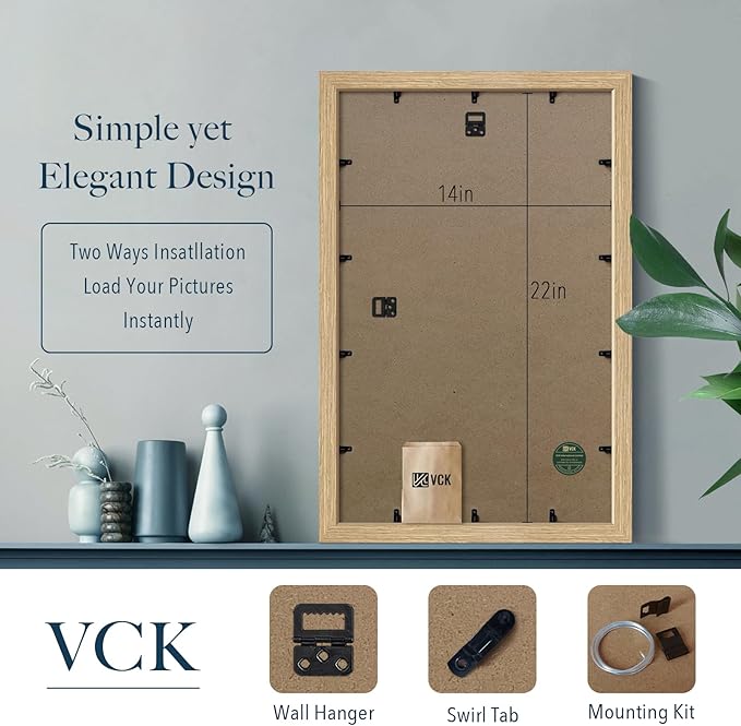 VCK 14x22 Picture Frame Set of 3 - Oak, Natural Solid Wood Poster Frame, Textured Exclusive Wall Gallery Frame