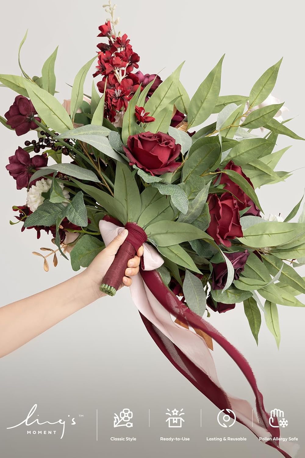 Ling's moment Red Wedding Bouquets for Bride, Burgundy and Blush Bridal Bouquets for Bride,17 Inch Free Form Artificial Wedding Flower Bouquet