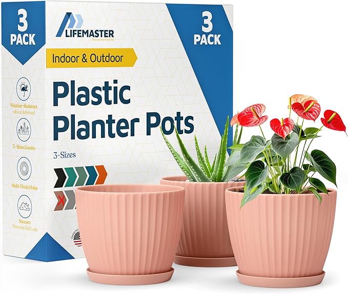 Pink 6-Inch Plant Pots with Drainage & Saucers 3 Pack, Indoor & Outdoor Planters for Houseplants, Herbs, and Flowers, Durable & Weatherproof Material, Stackable, Lightweight, Minimalist Design