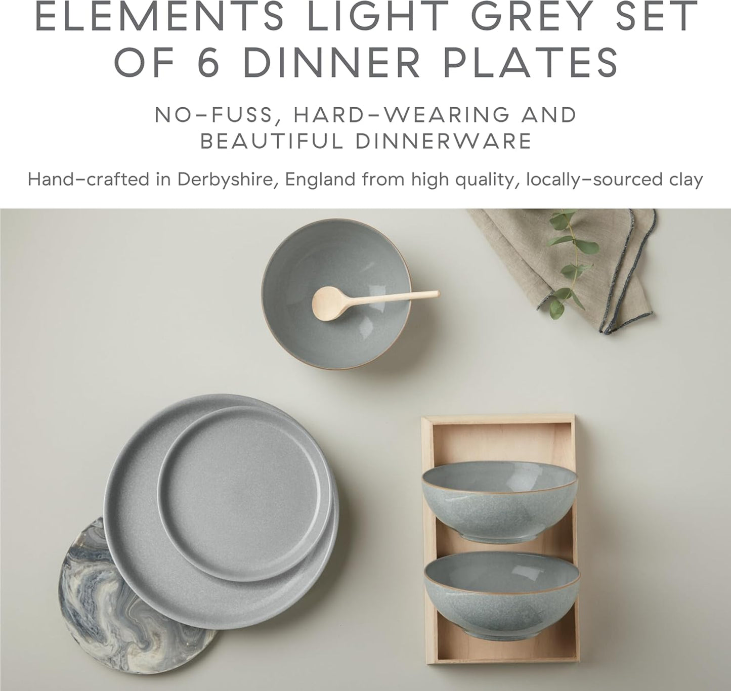 Denby - Elements Light Gray Coupe Dinner Plates Set of 6 - Dishwasher Microwave Oven Safe - Scratch Chip Resistant - Large Ceramic Stoneware Dinnerware Plates Set