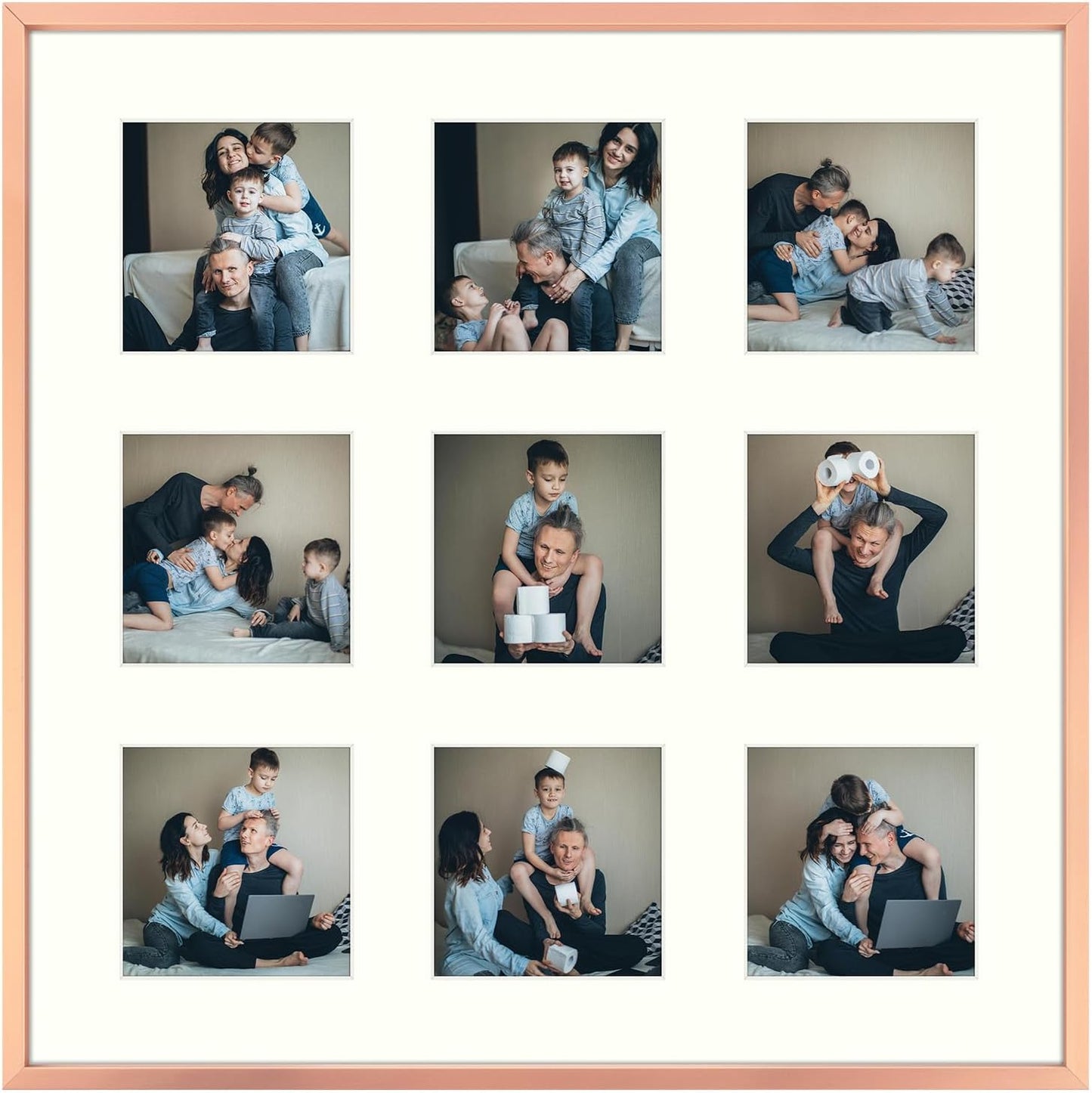 Frametory - 16x16 Aluminum Collage Picture Frame - Display 4x4 Pictures with 9 Openings Mat - Real Glass Front - Horizontal/Vertical Wall Mount - Rose Gold 1 Pack
