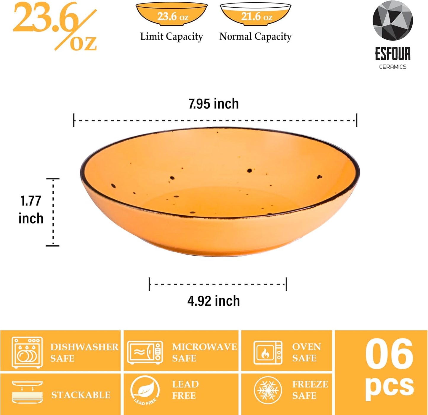 Esfour 8 Inch Porcelain Pasta Bowl, 23.6 Ounce Salad Bowls, Microwave & Dishwasher Safe, Sturdy & Stackable, Set of 6 Ceramic Bowl Plate Set, Wide Shallow Salad Bowls, Blossom Assorted Colors