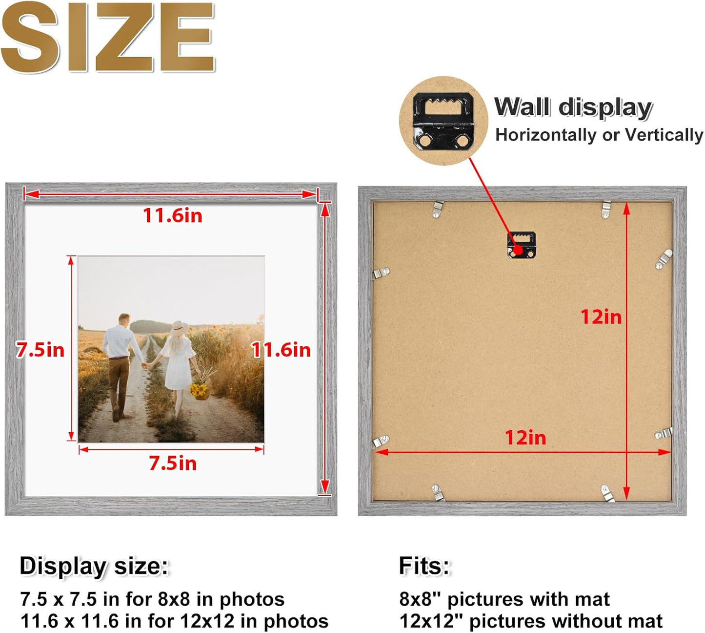 KINLINK 12x12 Picture Frame, Grey Square Solid Wood Frames for Pictures 8x8 with Mat or 12x12 without Mat, Wall Display Photo Frames Grey Wood 4 Pack