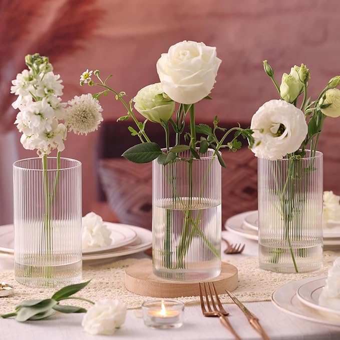 Glass Ribbed Cylinder Vases Pack of 6, Clear Ribbed Vases for Centerpieces Wedding Decoration, 6 Inch Tall Clear Flower Vase in Bulk, Hurricane Floating Candle Vase for Party Home Decor