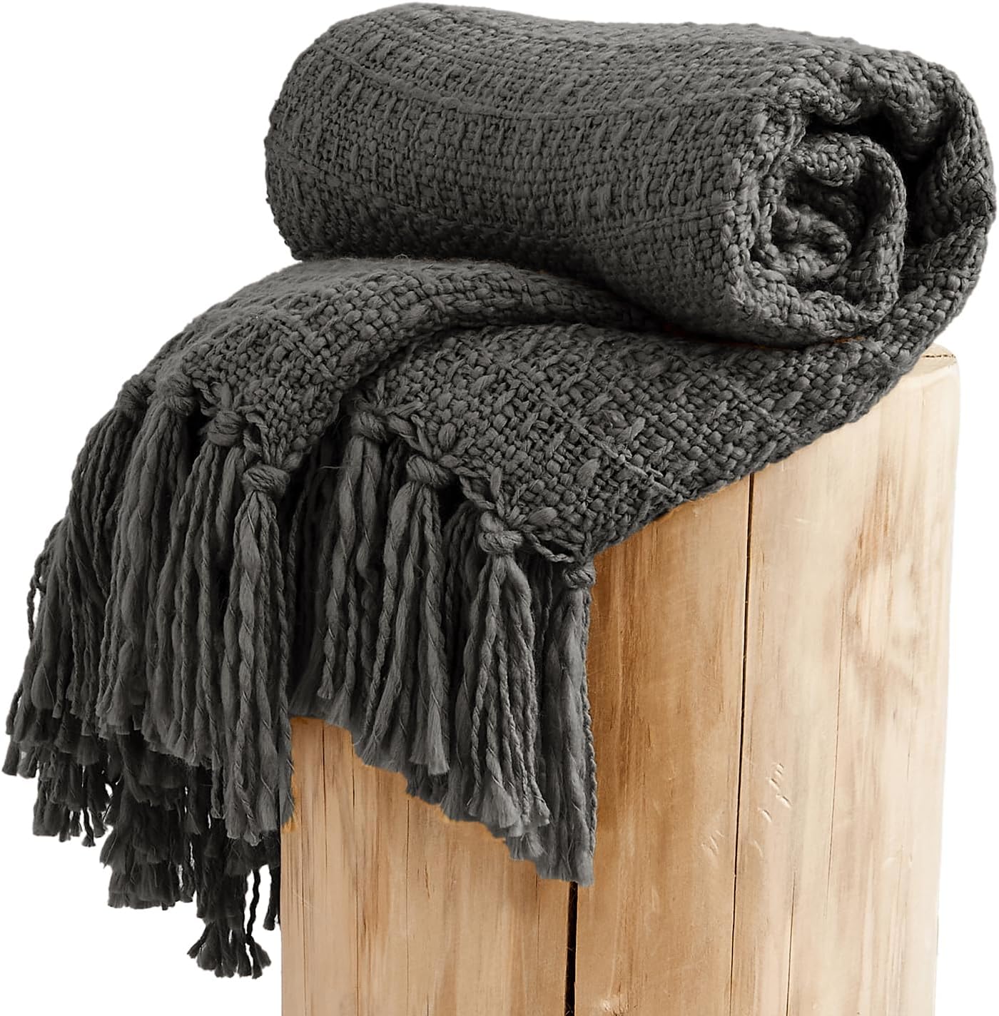 Chunky Knit Throw Blanket, Grey Soft Warm Cozy Bed Throw Blanket with Tassels, Boho Style Textured Knitted Home Decorative Blanket for Couch, Sofa &Bed, 50"x60"