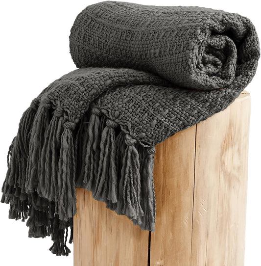 Chunky Knit Throw Blanket, Grey Soft Warm Cozy Bed Throw Blanket with Tassels, Boho Style Textured Knitted Home Decorative Blanket for Couch, Sofa &Bed, 50"x60"