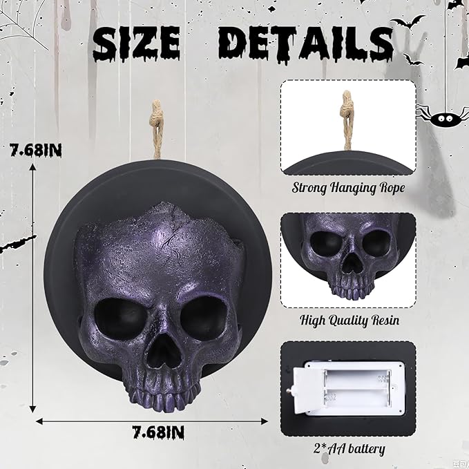 WONDER GARDEN 7.68 inch Halloween Skull Hanging Wall Decorations Light up Resin Purple Gothic Skeleton Halloween Creepy Sculptures for Indoor Outdoor Office Horror Home Wall Decor