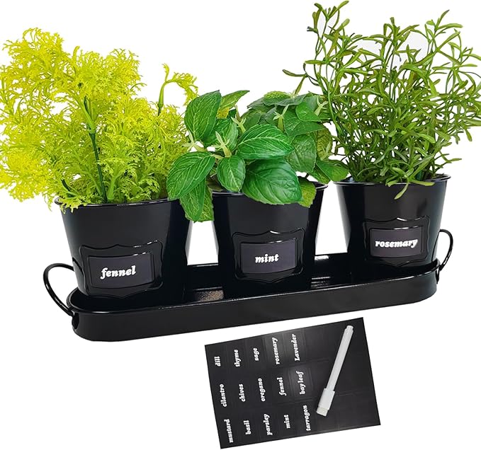 4" Herb Garden Planter Kit, Indoor Herb Planters with Tray, Set of 3 Metal Windowsill Pots for Flower Plants with Drainage Hole, Customizable Labels & Marker Pen, Black