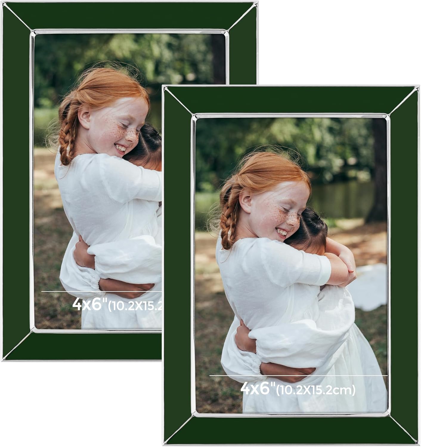 Frametory Enamel Picture Frame - 4x6 Silver Metal Edge Green Enamel Picture Frame With Easel and Velvet Back for Tabletop Display, Bookshelf, 4x6 Wall Decoration, Photo Frames, Picture Display-2 Set