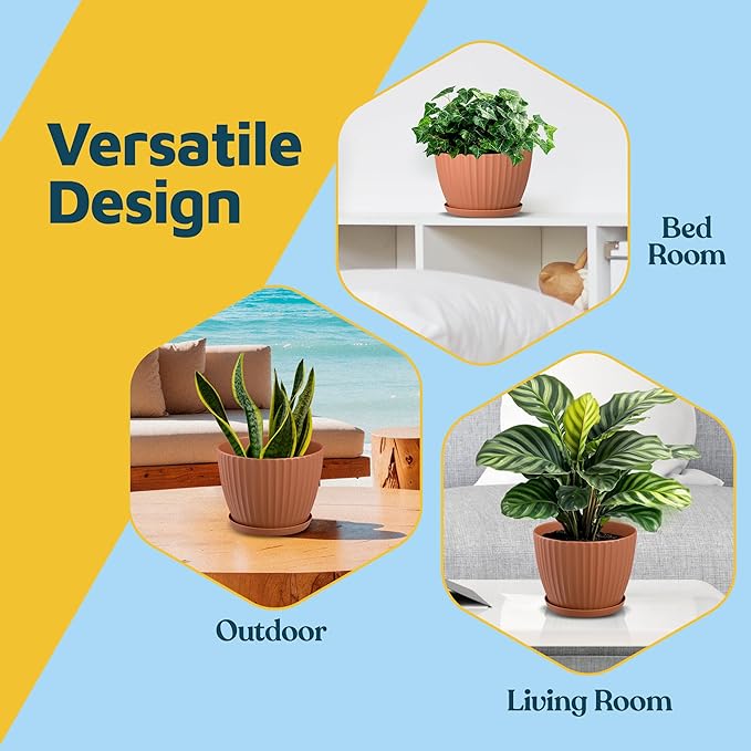 Terracotta 6-Inch Plant Pots with Drainage & Saucers 6 Pack, Indoor & Outdoor Planters for Houseplants, Herbs, and Flowers, Durable & Weatherproof Material, Stackable, Lightweight, Minimalist Design