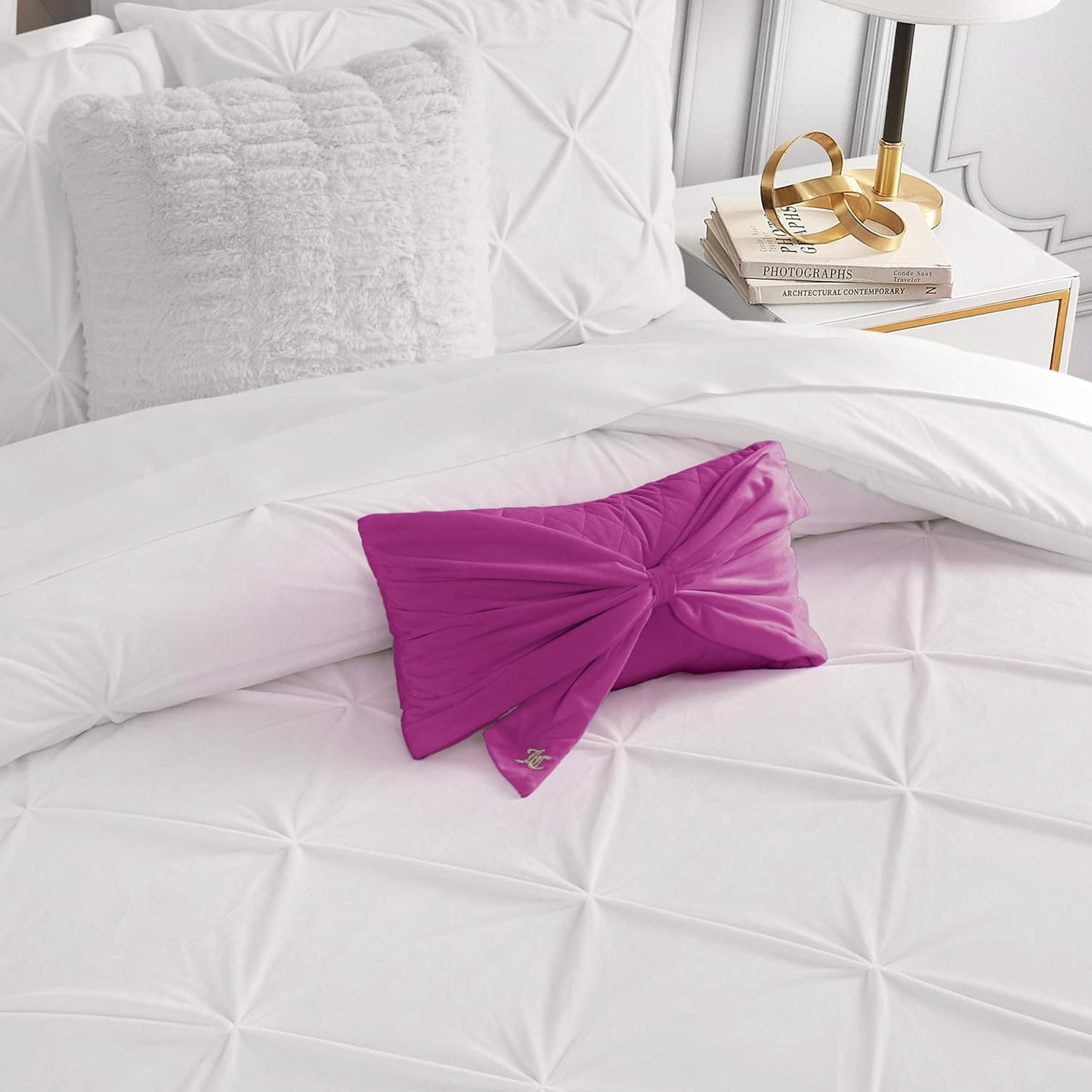 Juicy Couture Decorative Throw Pillow, 10"x18", Velvet Bow-Electric Violet Purple