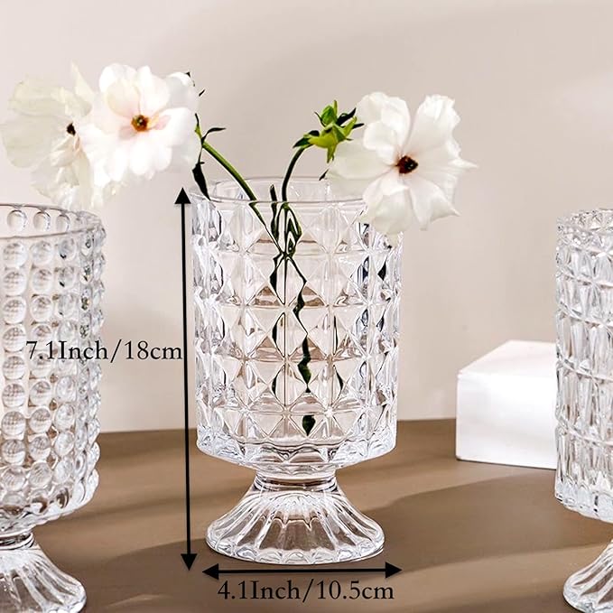 BLOFLO Embossed Glass Vase, 7'' Crystal Glass Vases for Flowers, Pedestal Big Base Glass Bouquet Vase, Hydroponic Glass Transparent Vase for Home Office Wedding Dining Table Party