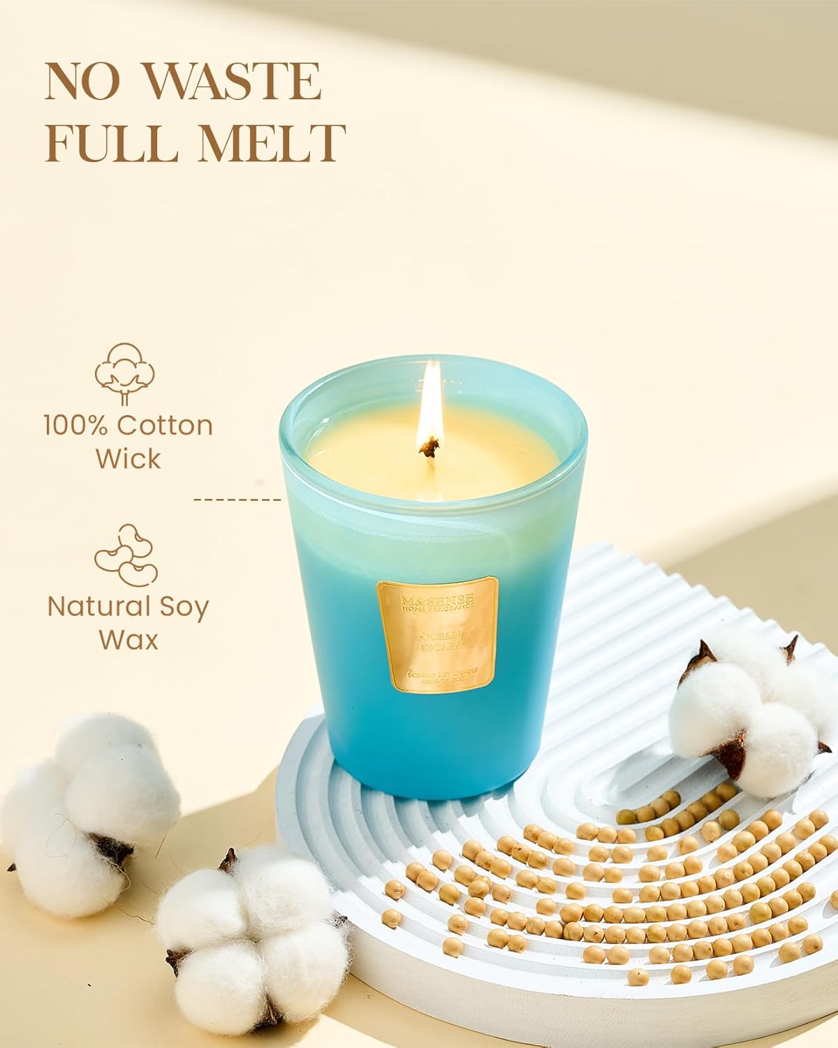 M&SENSE Ocean Escape Scented Natural Soy Wax Candle, 14.1oz 60 Hours Long Lasting Slow Burning Candles for Home Decor, Aromatherapy Candle for Stress Relief