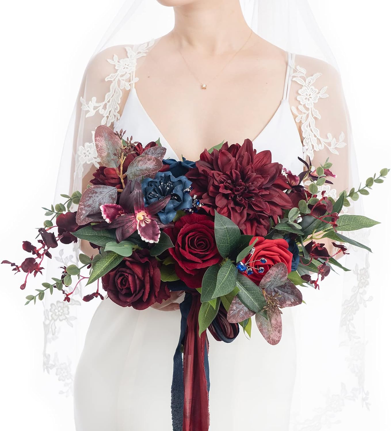 Ling's moment Burgundy Navy Blue Wedding Bouquets for Bride, Jewel Tone Bridal Bouquets for Bride, 13 Inch Free Form Artificial Wedding Flower Bouquet